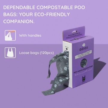 Picture of Adios Zero Plastic Poo Bags GREY Dispenser 120 Bags Handled x 1