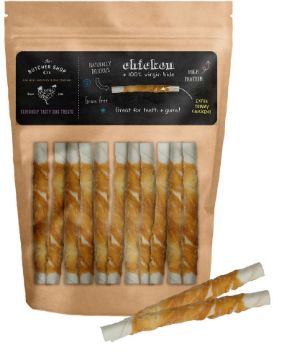 Picture of The Butcher Shop Co. 5" x 9-10mm White Twisted Stick Wrapped with Chicken 10pk x 1